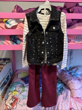 Little Lass Black Denim Vest with Burgundy Pants and Striped Top